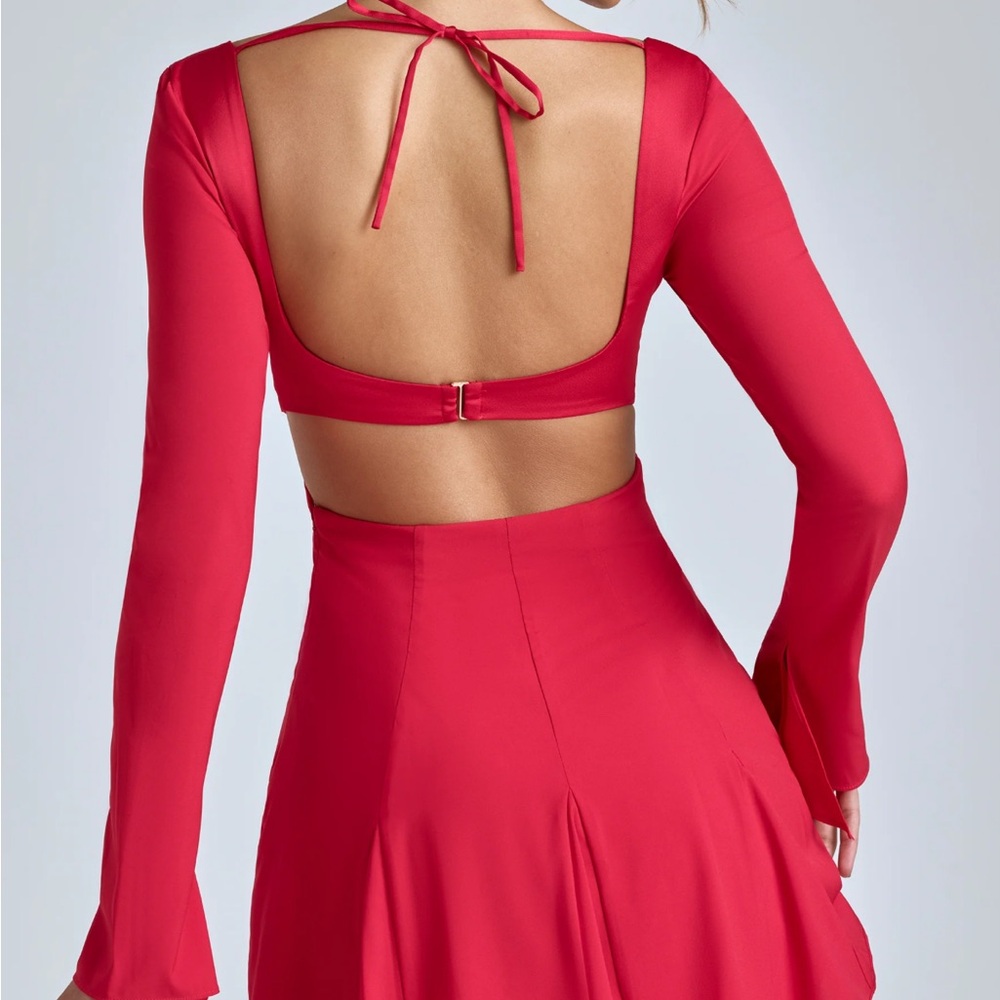 Oh Polly LEOTINE Long Sleeve Godet Mini Dress in Cherry Red
